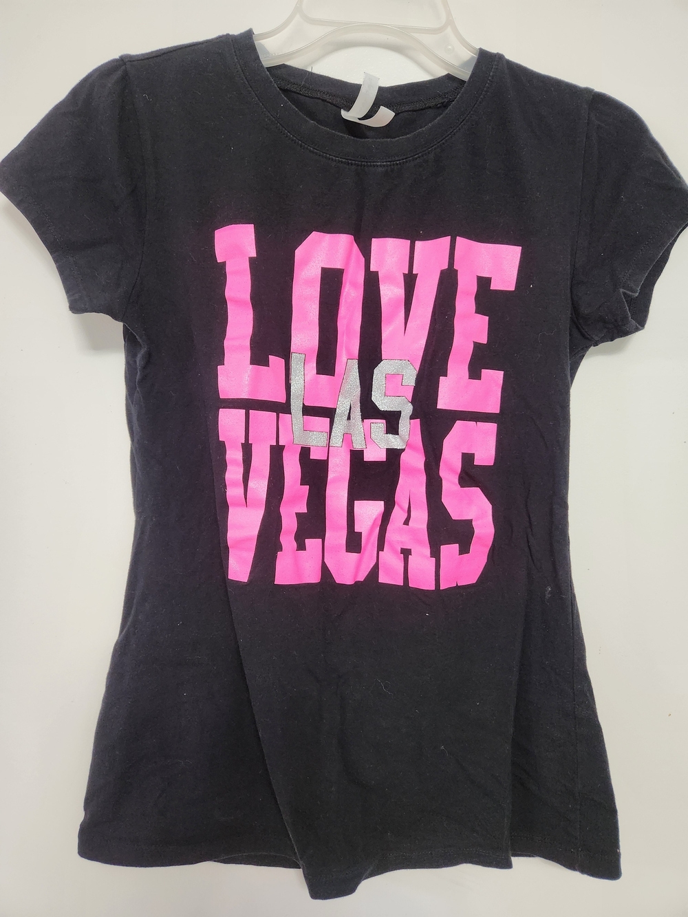 Fruit of the Loom Black Tee with Pink & Silver LOVE LAS VEGAS Graphic